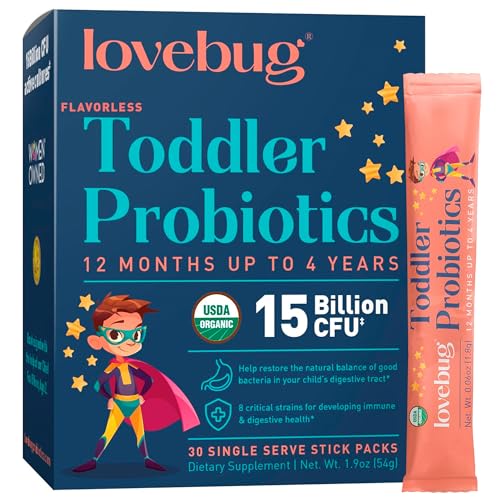 Lovebug Probiotics Lovebug Probiotic und Prebiotic für Kinder, 15 Milliarden CFU, für Kinder 12 Monate bis 4 Jahre, enthält 1 Gramm Faser, 30 Pakete von LOVEBUG