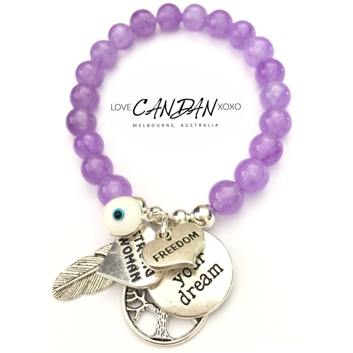 Evil Eye Freiheit Armband Mit Starke Frau Lebe Deinen Traum Baum Des Lebens Und Engelfeder Anhänger von LoveCandanxoxo