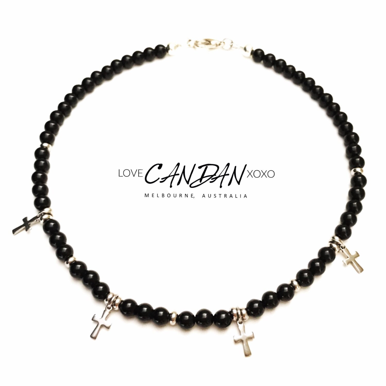Schwarzer Onyx Edelsteine Mit Edelstahl Kreuz Anhänger Halskette von LoveCandanxoxo