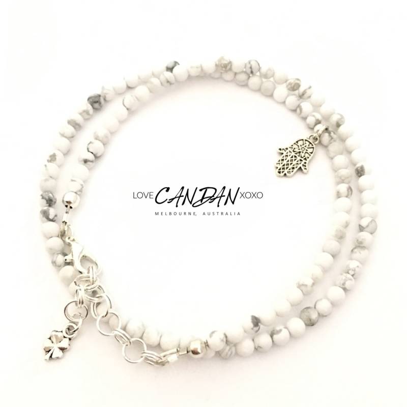 Womans Double Wrap Anklet Howlite Edelstein Perlen Hamsa Hand Und Luck Clover Charms Womans Double Wrap Anklet Howlite Edelstein Perlen Hamsa Hand Und Luck Clover Charms von LoveCandanxoxo