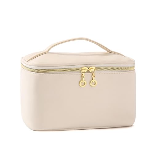 LoveFirst Groß Kosmetiktasche Damen Multifunktionale Wasserdichter Reise Schminktasche PU Leder Tragbare Makeup Bag Kosmetischer Organizer Mit Herausnehmbarem Fach（Farbe: Beige） von LoveFirst