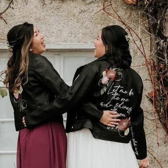 Personalisiertes Design Kunst - Oder Lederjacke, Hochzeitsjacke, Hochzeitsjacke Aus Leder, Florale Individuelle Bilder Mit Handbeschriftung von LoveFromMimosa