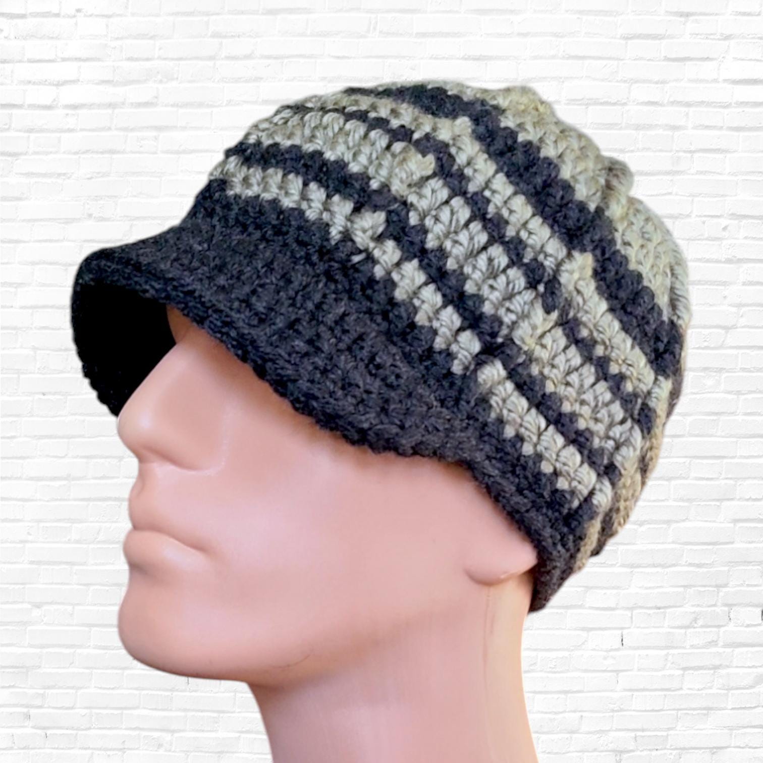 Herren Wollmischung Gehäkelte Krempe Hut - Handgefertigte Schwarz Und Grau Gestreifte Beanie Kappe, Grobstrick Wintermütze Für Ihn, Warmes Herren Wollmischung Gehäkelte Krempe Hut - Handgefertigte Schwarz Und Grau Gestreifte Beanie Kappe, Grobstrick Wintermütze Für Ihn, Warmes von LoveFuzz