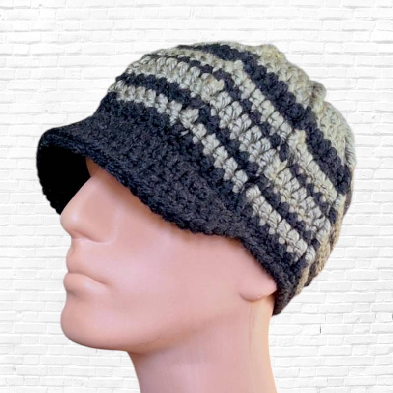 Herren Wollmischung Gehäkelte Krempe Hut - Handgefertigte Schwarz Und Grau Gestreifte Beanie Kappe, Grobstrick Wintermütze Für Ihn, Warmes von LoveFuzz