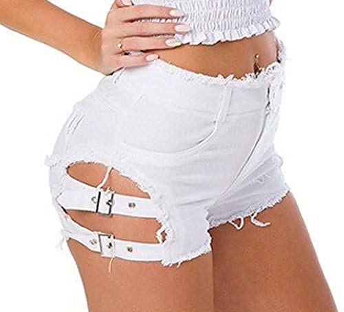 Damen Jeansshorts - Shorts - gerippt - ausgefranst - seitliche Schnallen - hohe Taille - kurz - Mädchen - Hotpants - sexy - Punk - Rock - weiße Farbe - Größe s von LoveLegis