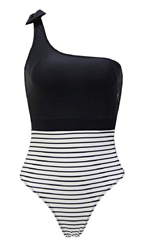 LoveLegis Einteiliger Badeanzug für Damen - Badebekleidung - Strand - One Shoulder - Spitze - Gestreift - Schleife - Mädchen - Sexy - Vintage - Retro - Schwarzweiß - Größe XL von LoveLegis