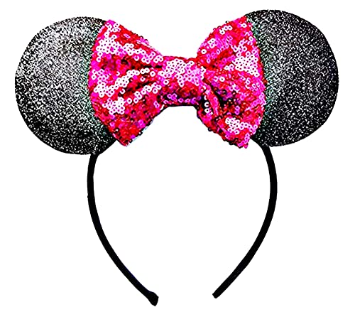 Lovelegis Haarreif Micky Maus Ohren schwarz mit Pailletten Minnie Maus Schleife Fuchsia Zubehör Karneval Halloween Damen Geschenkidee Zubehör Verkleidung Karneval von LoveLegis