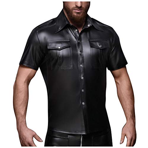 LoveLeiter Herren Leder Hemd Kurzarm Kunstleder Freizeithemd Lack Optik dehnbar und angenehm Männer Shirt Wetlook mit Brustaschen von LoveLeiter —Unterwäsche & BH