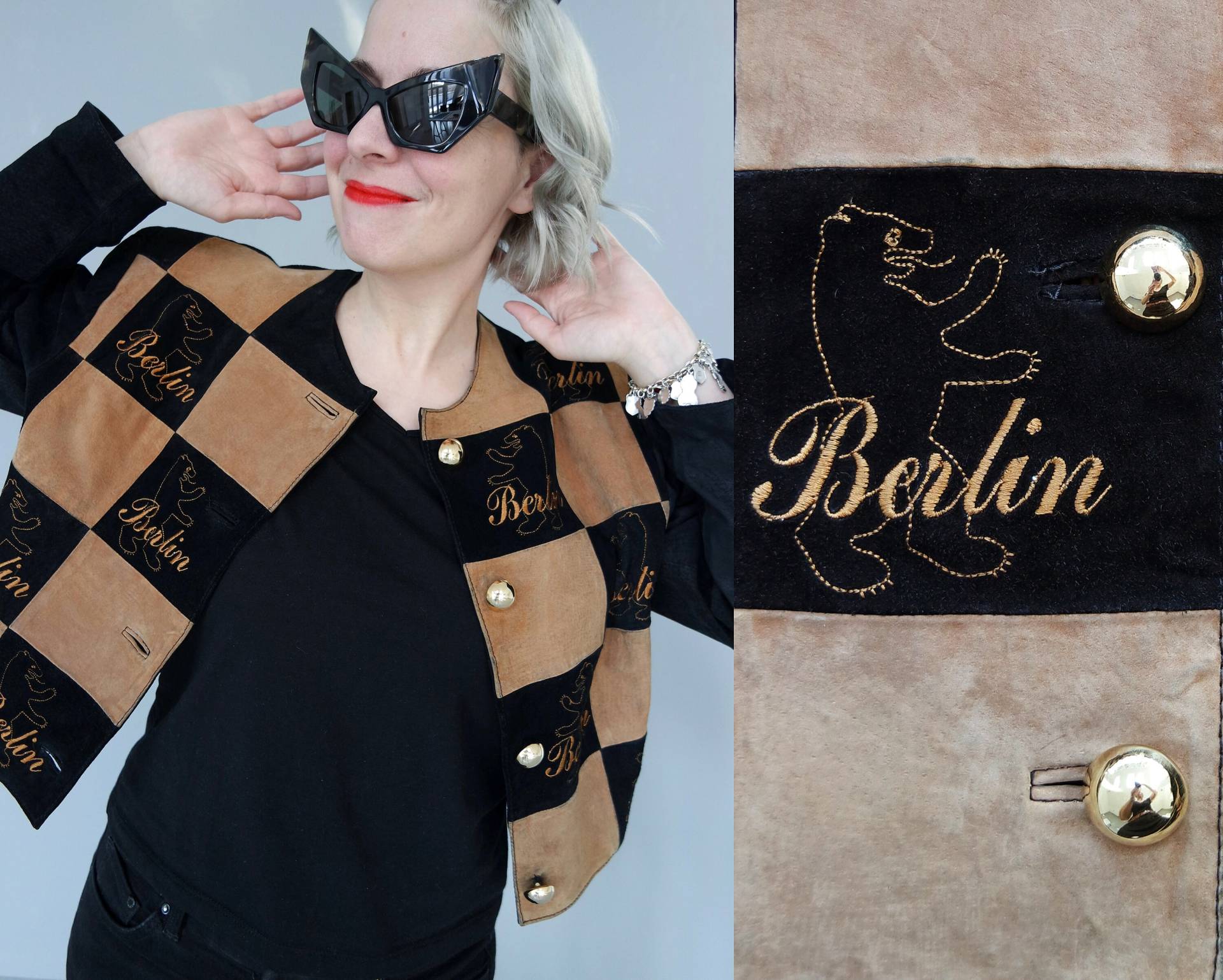 Super Seltene Vintage Berlin Bär Patti Pen Wildleder Cropped Bestickte Patchwork Biker Jacke von LoveMeAgainVTG