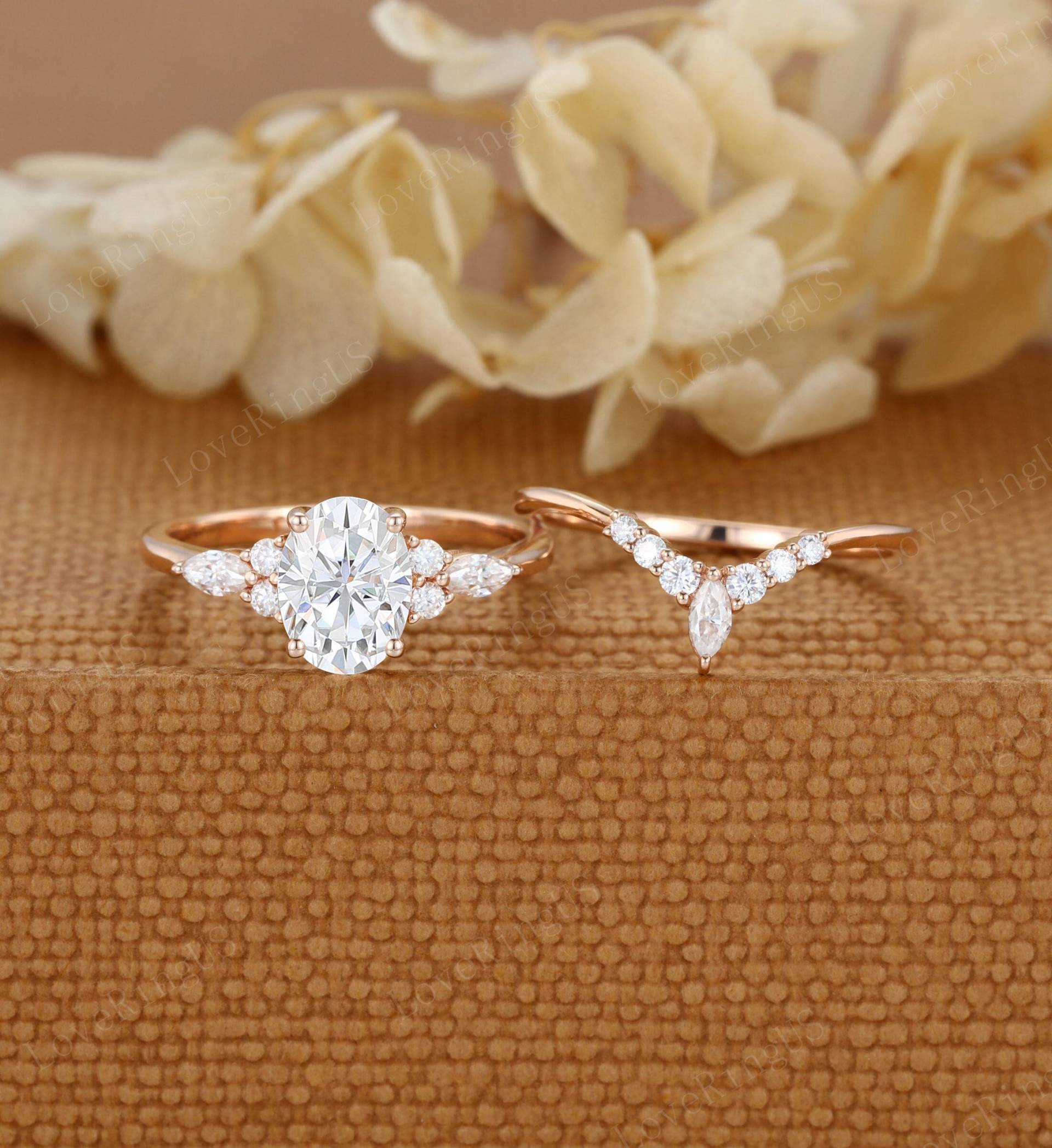 Oval Moissanite Verlobungsring Set Vintage Cluster Einzigartige Rosegold Marquise Diamant Hochzeit Braut Versprechen Geschenk Für Frauen von LoveRingUS