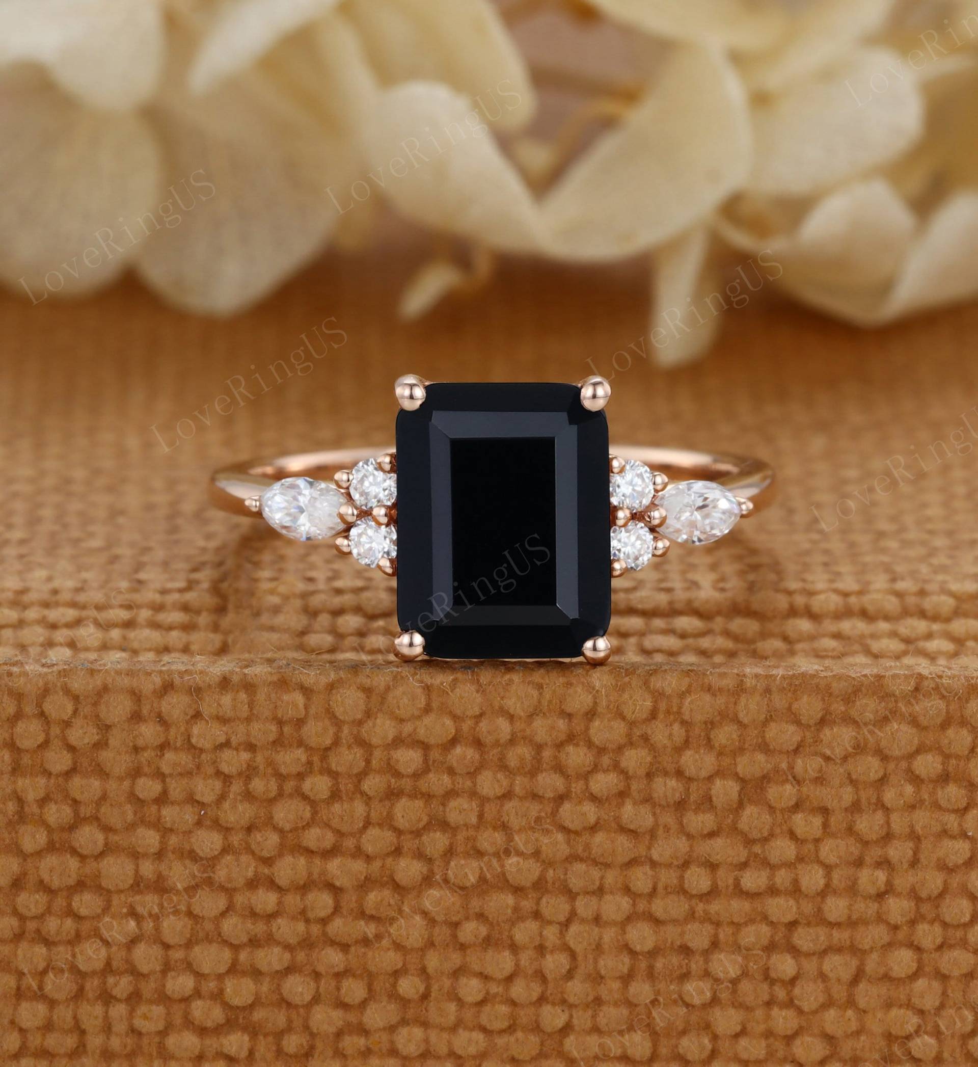 Smaragdschliff Black Onyx Verlobungsring Frauen Vintage Einzigartig Moissanite Rose Gold Cluster Ring Braut Versprechen Jahrestag Geschenk von LoveRingUS