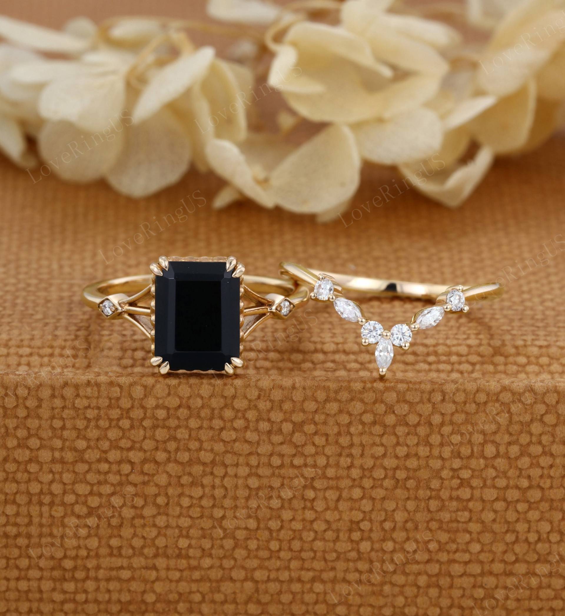 Smaragdschliff Black Onyx Verlobungsring Set Vintage Frauen Unikat Gelbgold Moissanite Ring Braut Versprechen Jubiläumsgeschenk von LoveRingUS