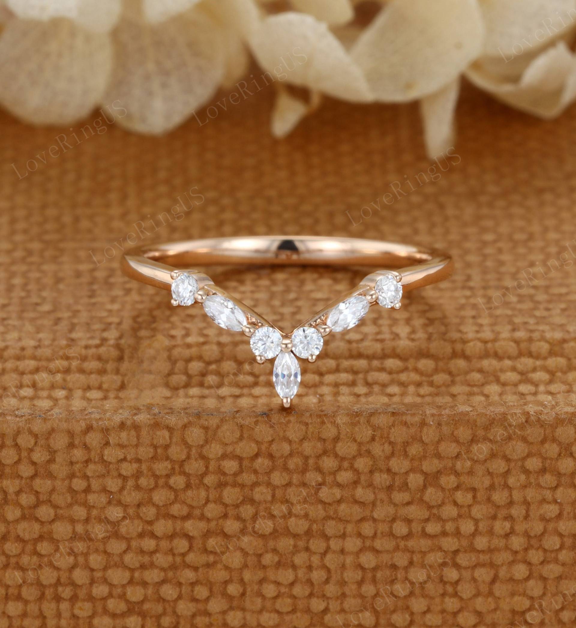 Unikat Ehering Rose Gold Marquise Gebogener Vintage Diamant Ring Stapel Passender Versprechen Jubiläumsgeschenk von LoveRingUS