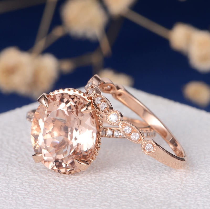 Art Deco Morganit Verlobungsring Ehering Frauen Rose Gold Braut Set Antik Einzigartige Oval Cut Jahrestag Stapeln 2 Stück von LoveRingsDesign