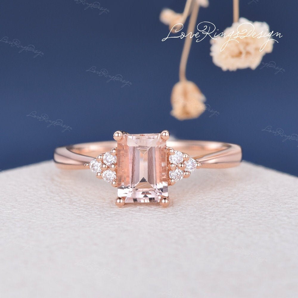 Smaragdschliff Morganit Verlobungsring Pfirsich Ring Rose Gold Hochzeit Cluster Antik Diamant Frauen Classic Jahrestagsgeschenk Für Sie von LoveRingsDesign