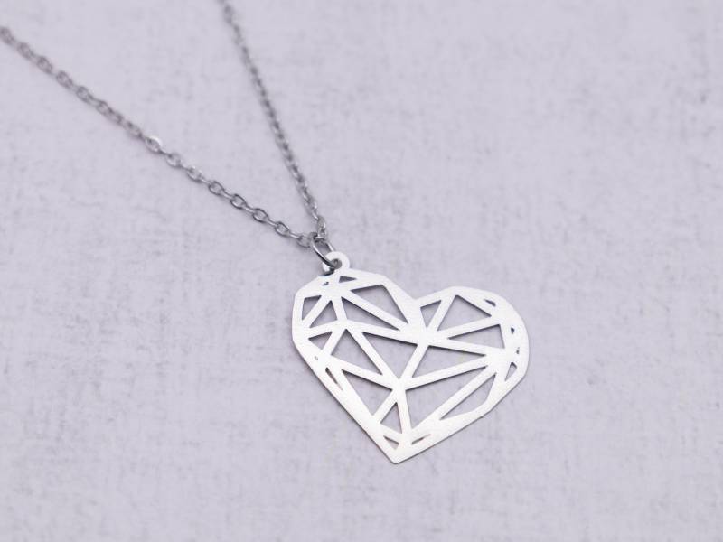 Ketten "Geometric Heart" Edelstahl Herz Geometrisch Heart Silber Halskette 45 cm Diy Charm Cutted Form Neu Damen Rosegold Rund Anhänger von LoveShapesJewelry