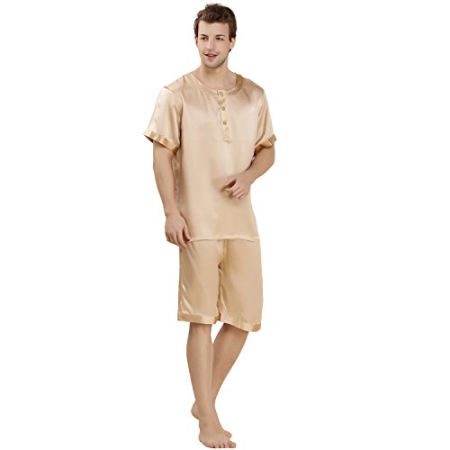 LoveSilk Herren 100% Seide Schlafanzug Seidenpyjama Hausanzug Kurzarm Gold Gro?e XL von LoveSilk-Nachtw?sche