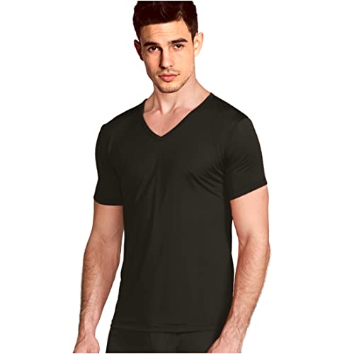 LoveSilk V-Funktionsunterhemd Business Herrenunterhemd aus Stretch-Maulbeerseide Atmungsaktiv Sommer-Winter Klima-regulierend Trockene Haut Kurzarm Schwarz Größe M von LoveSilk