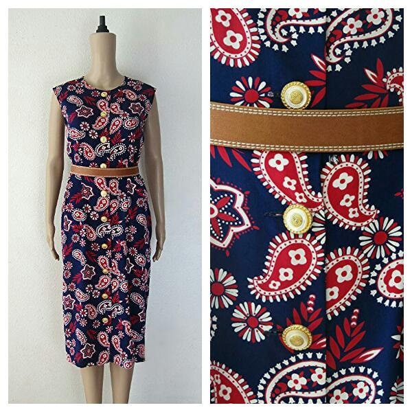 80Er Jahre Blaues Paisley Kleid Ärmelloses Vintage Boho-Kleid, Komplett Durchgeknöpft von LoveSparkBoutique