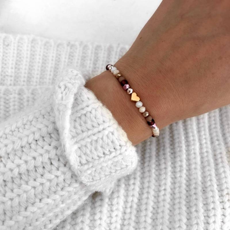 Perlenarmband Herz Lila Taupe Beige Farbverlauf Rosé Gold Elastisch Freundschaftsband Herbst Winter Geschenk von LoveStatementNet