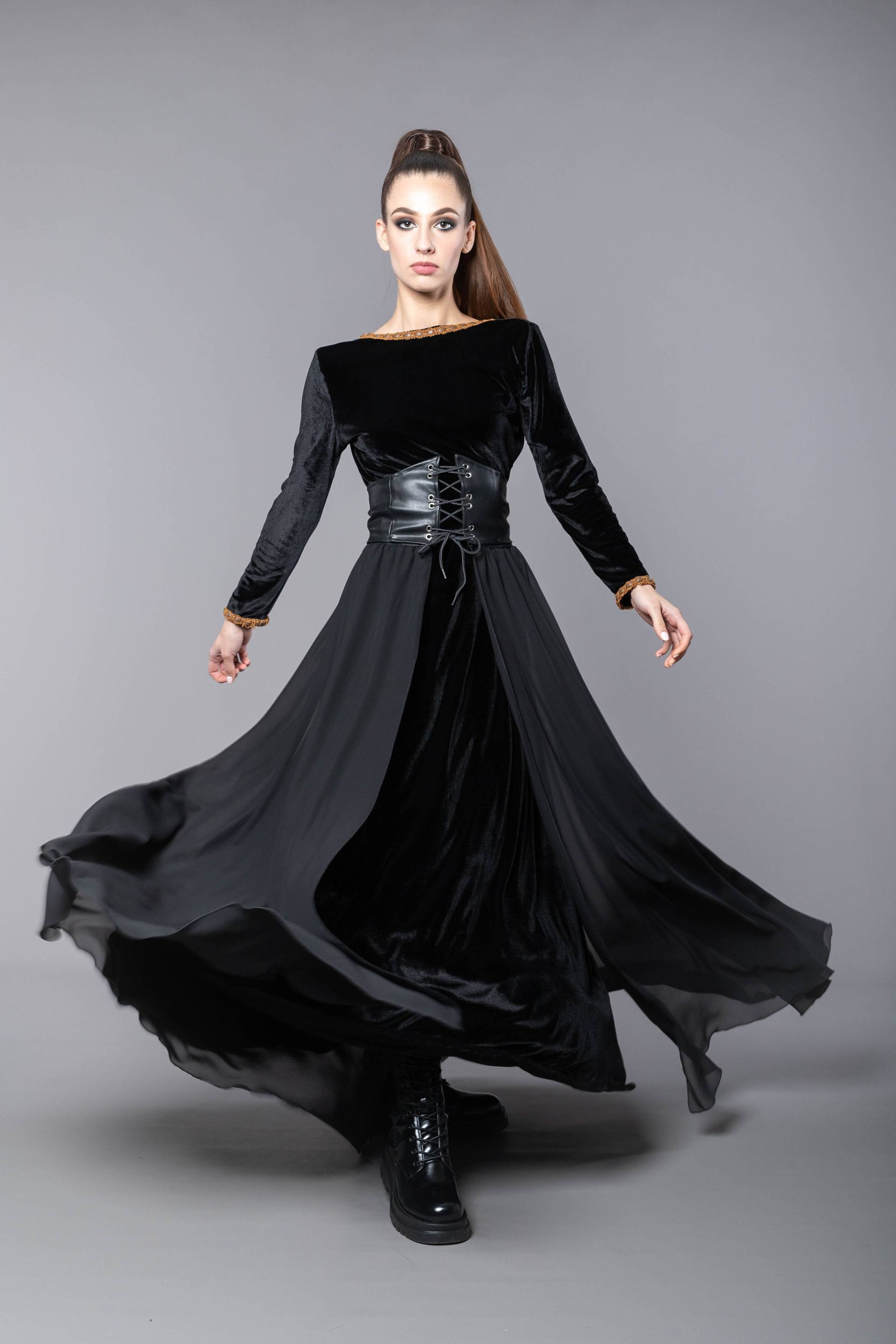 Langes Schwarzes Samtkleid Mit Separatem Korsett Eco Ledergürtel Und Chiffon Top Rock, Cosplay Kleid Langes Schwarzes Samtkleid Mit Separatem Korsett Eco Ledergürtel Und Chiffon Top Rock, Cosplay Kleid von LoveWingsFashion