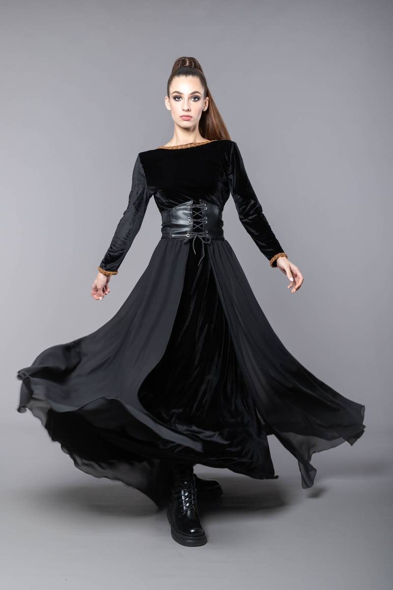 Langes Schwarzes Samtkleid Mit Separatem Korsett Eco Ledergürtel Und Chiffon Top Rock, Cosplay Kleid von LoveWingsFashion