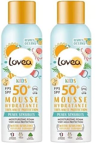 LOVEA - Feuchtigkeitsspendender Schaum Kids LSF 50+ – sehr hoher Sonnenschutz für Gesicht & Körper – Aprikosen-Duft – UVA/UVB-Schutz – empfindliche Haut – wasserfest – vegan – hergestellt in von Lovea