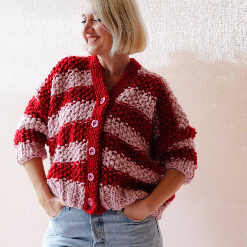 Grobstrick Pullover/strickjacke Handgemachter Handgestrickter Rot Rosa Gestreift Geschenk Für Sie von LoveandKnit