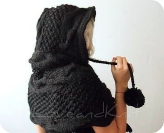 Kapuzen-Schal/Schwarz Stricken Klobige Übergroße Haube Capelet Mantel Mit Kapuze von LoveandKnit