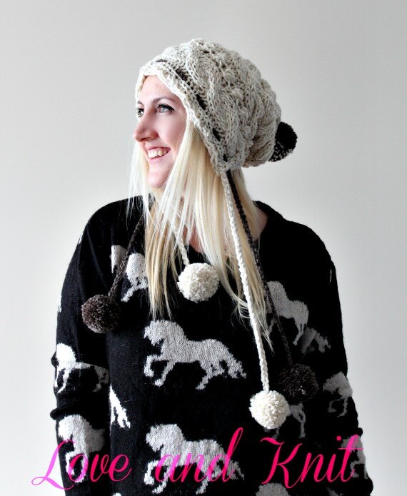 Pom Beanie/Mütze Pixie Cable Knit Slouchy Hut Womens Elfenbein von LoveandKnit