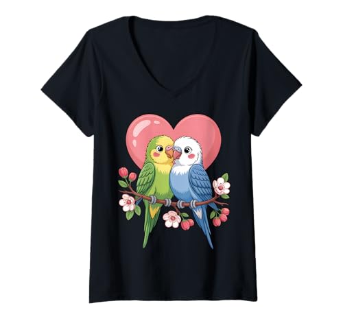 Damen Süßes Sittichpaar T-Shirt mit V-Ausschnitt Damen Süßes Sittichpaar T-Shirt mit V-Ausschnitt von Lovebird Budgie Designs
