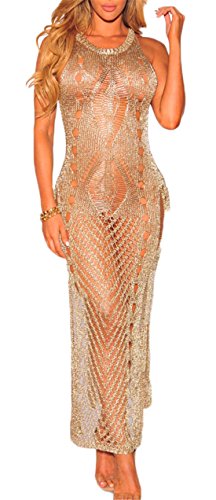 Damen Sexy Rundhals Wollpullover Maxikleid Bikini Badeanzug Cover-ups Tops Semi-Sheer Cover Up - Gold - Mittel von Lovecarnation