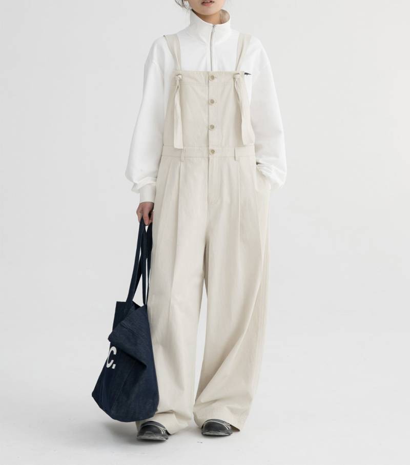 Baumwoll-Leinen Weitbeinhose Verstellbarer Knopf Jumpsuit von Lovecutething