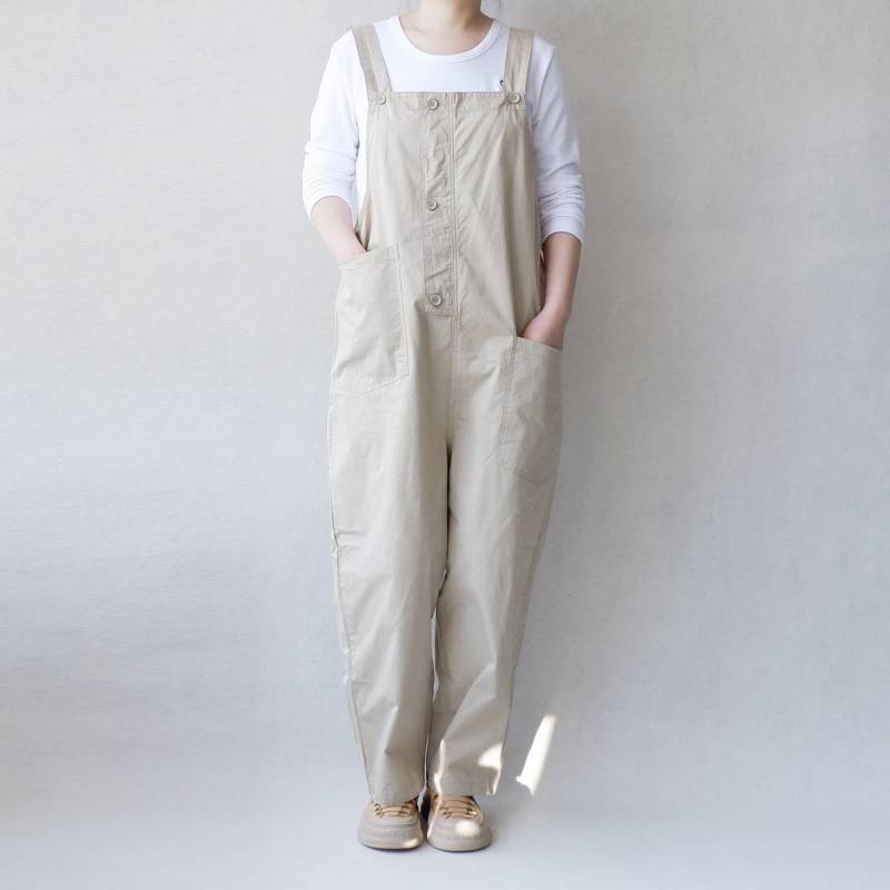 Beige Baumwoll Jumpsuit Damen Weites Bein Overall Mit Taschen, Lässig Loose Fit Romper von Lovecutething