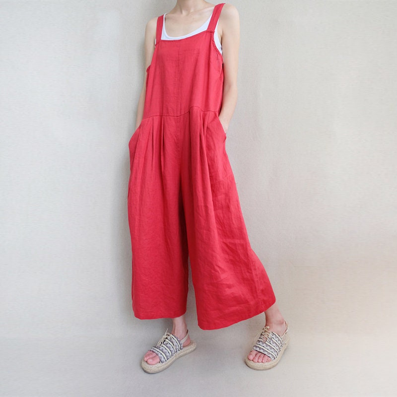 Weiche Leinen-Overalls, Baggy-Overalls Für Damen, Freizeit-Hosen Mit Weitem Bein, Bequeme Sommerkleidung, Lockere Overalls Taschen von Lovecutething