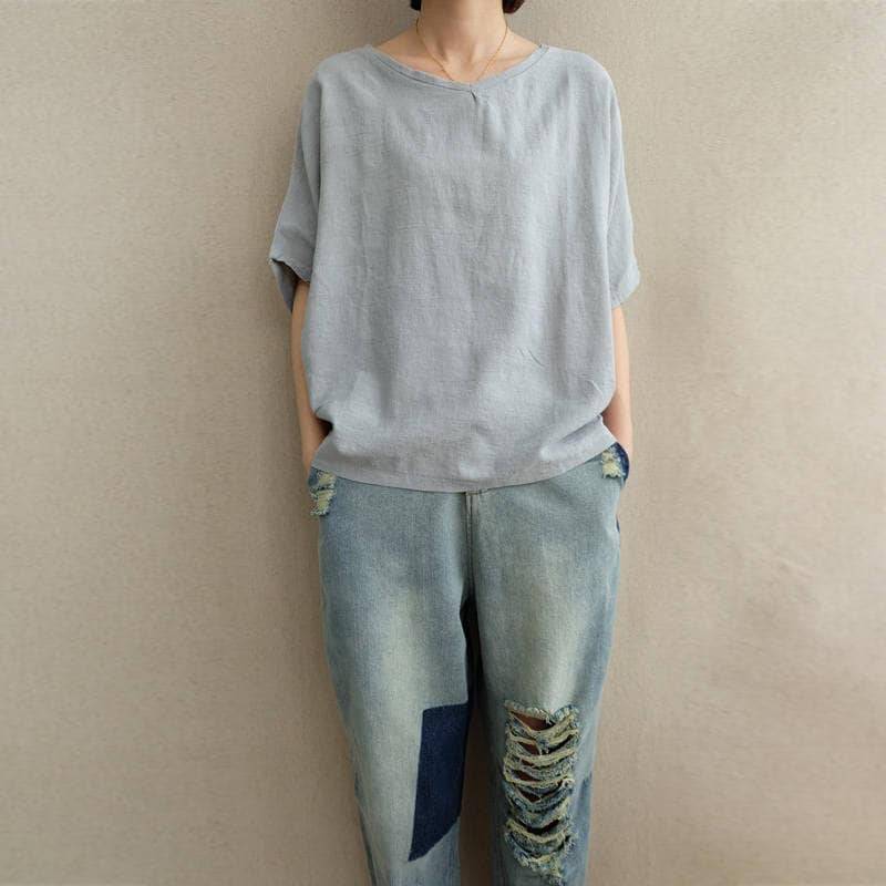 Frauen Freizeit Oberteile Sommer Leinen V-Ausschnitt Bluse Baumwolle T-Shirt Hellblau Kurzarm von Lovecutething