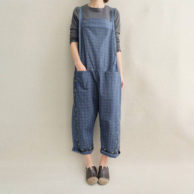 Overall Mit Baumwolldruck Damen Jumpsuit Weitem Bein Und Taschen von Lovecutething