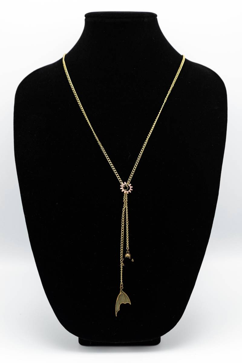 26" Gold Halskette Mit Bronze-Zahnrad Charme 5" Y Halten Schädel Und Kreuzknochen Fledermaus Flügel Charms von LovedByAllStudio