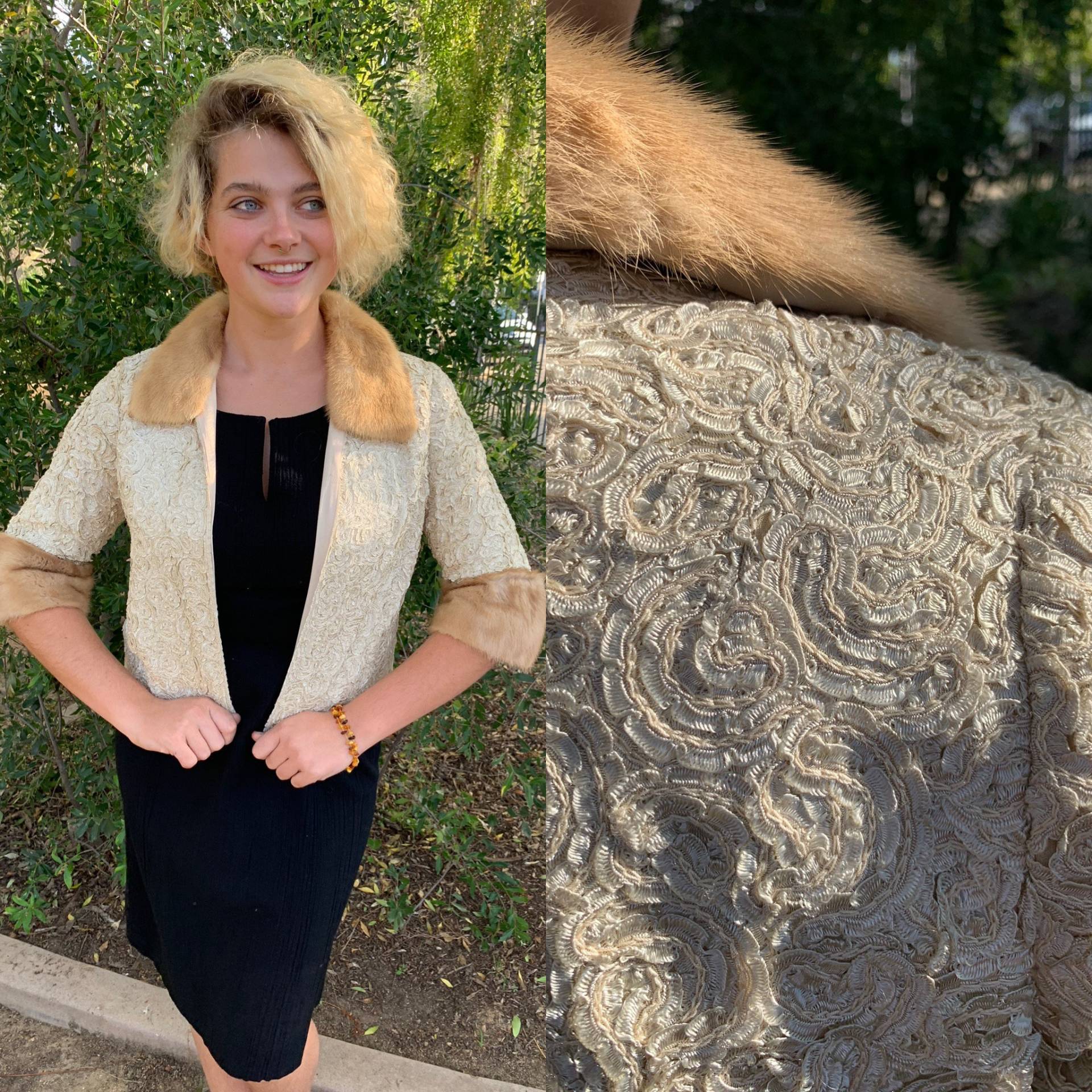 50Er Jahre Beige Ribbon Arbeitsjacke Mit Pelzkragen Und Manschetten 50Er Jahre Beige Ribbon Arbeitsjacke Mit Pelzkragen Und Manschetten von LovedandUsedVintage