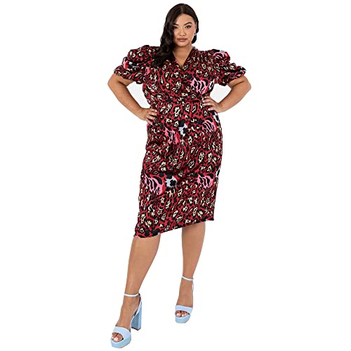 Lovedrobe Damen Ladies Plus Size Dress for Womens V Neck Short Sleeve Puffed Faux Wrap Leopard Animal Print Red A-Line Curve Kleid, 16 von Lovedrobe