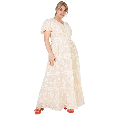 Lovedrobe Damen Ladies Plus Size Summer Dress for Women Curve Puffed Short Sleeve Maxi V-Neckline Flowers Floral Lace A-line Cocktailkleid, Cream, 44 EU von Lovedrobe