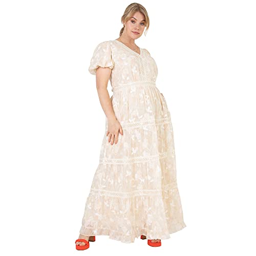 Lovedrobe Damen Ladies Plus Size Summer Dress for Women Curve Puffed Short Sleeve Maxi V-Neckline Flowers Floral Lace A-line Cocktailkleid, Cream, 52 EU von Lovedrobe