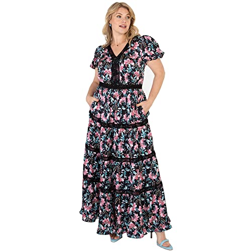 Lovedrobe Damen Ladies Plus Size Summer Dress for Women Curve Puffed Short Sleeve Maxi V-Neckline Flowers Floral Lace Cocktail A-line Cocktailkleid, Black, von Lovedrobe