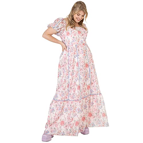 Lovedrobe Damen Ladies Plus Size Summer Maxi Dresses for Women Flowers Short Sleeve Frilly Pull On Curve Lace High Waist Square Neck Kleid, Baby Pink, 44 EU von Lovedrobe