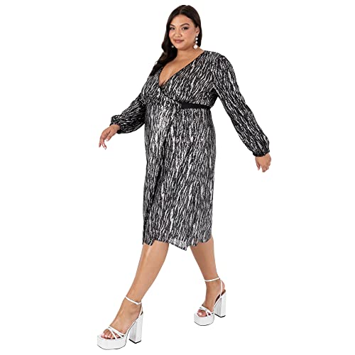 Lovedrobe Damen Ladies Womens Plus Size Curve Midi Dress Sequins Wrap Shimmery Bow Tie Belt with Long Sleeve Bishop Slit Black Silver Cocktailkleid, Schwarz, 52 EU von Lovedrobe