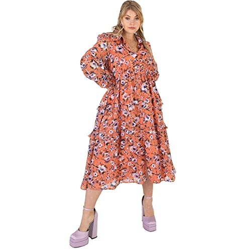 Lovedrobe Damen Midi Dress Plus Size Women Flower Pattern with Collar Long Sleeve Ruffle V Neckline Slit for Summer Office Kleid, Orange, 54 von Lovedrobe