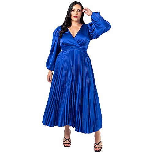 Lovedrobe Damen Pleated Midaxi Dress Ladies Evening Gown V Neckline Back Keyhole Long Sleeve Bishop Satin A Line Kleid, Cobalt, 18 von Lovedrobe