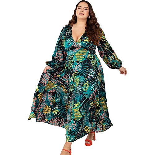 Lovedrobe Damen Sommerkleid Plus Curve V Ausschnitt Bishop Ärmel Midi Länge Fliege Langarm A Linie Abendkleid Tropical Kleid, Tropisches Muster, 46 von Lovedrobe