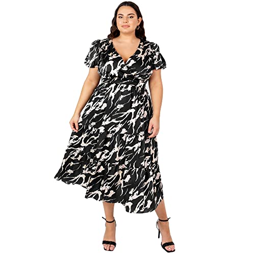 Lovedrobe Damen Womens Dress for Summer Plus Size Curve Midi Plunging Neckline Faux Wrap Puffed Sleeved Back Lace High Waist Kleid, Marble Print, 22 von Lovedrobe