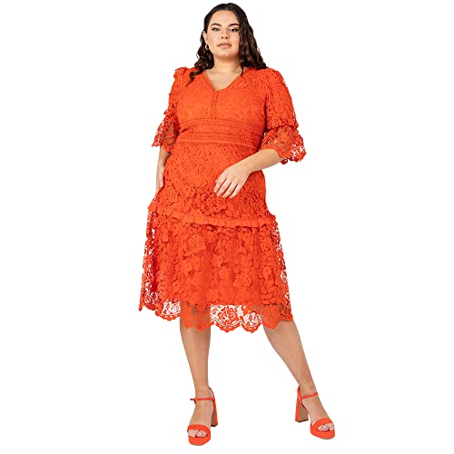 Womens Ladies Plus Size Curve Midi Dress Lace Overlay V Neck Frilly Size 50 von Lovedrobe